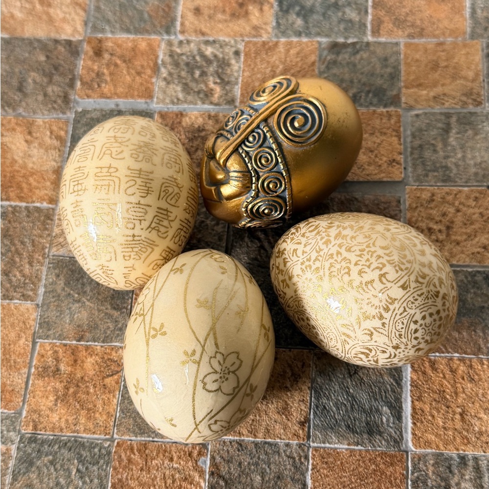 Decorative Gold and Cream Eggs and Vintage Easter Egg Lot Set